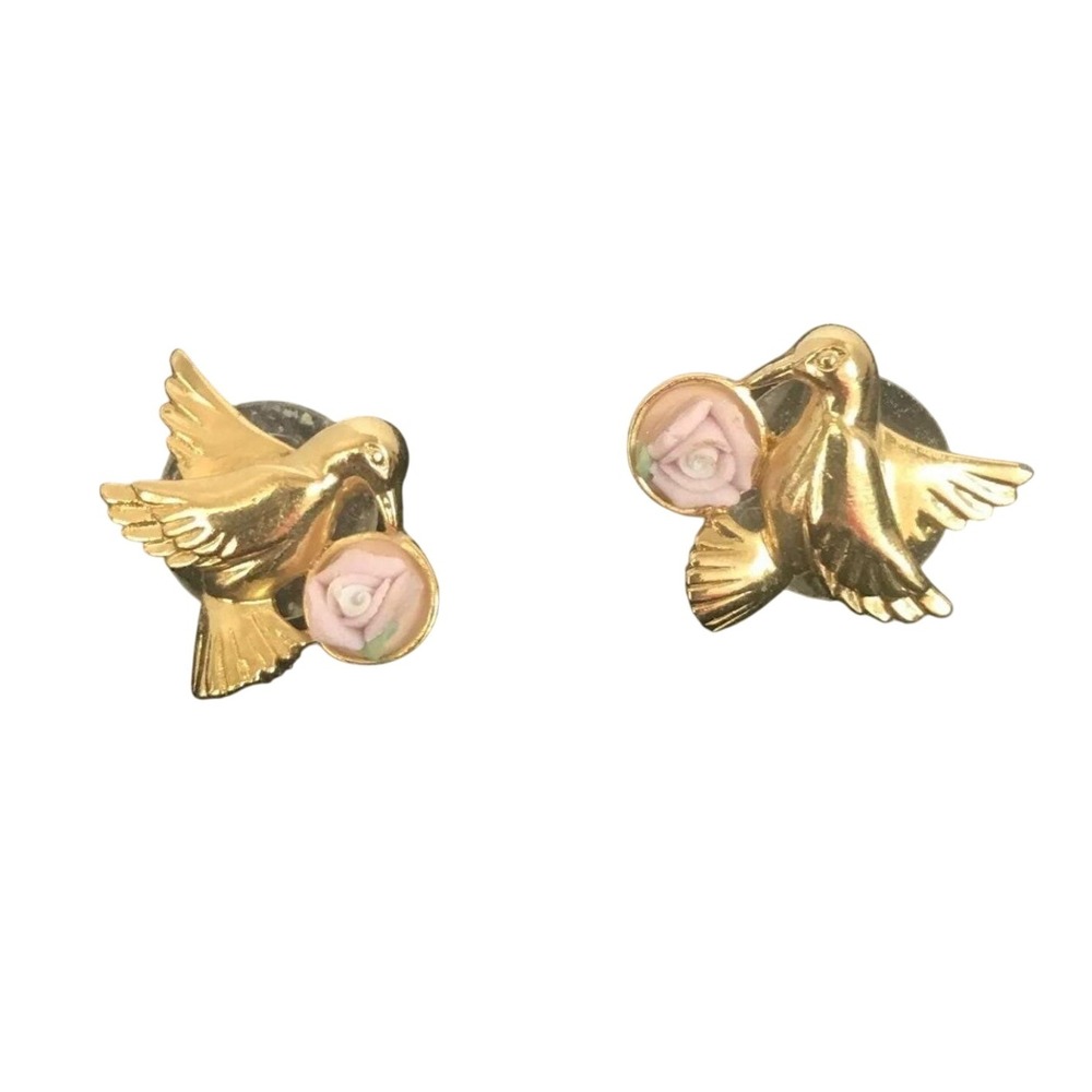 Gold Tone Bird with Rose Earrings‎ Cute Vintage Jewelry Gift for Her